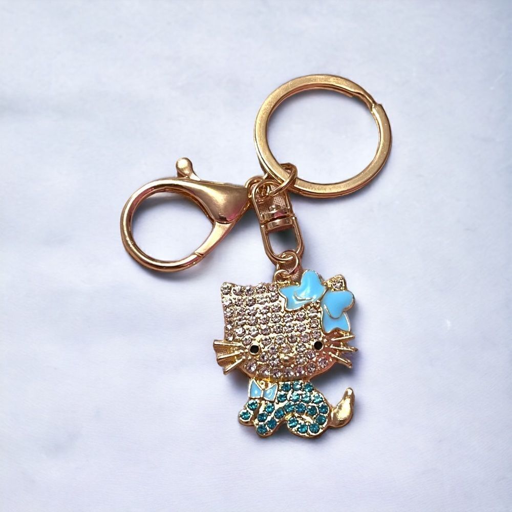 Hello Kitty Blue Gold Rhinestone Keychain NWT